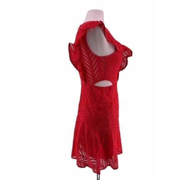 Bardot Kira Red Eyelet Fit & Flare Ruffle Sleeveless Dress - Picture 6 of 8